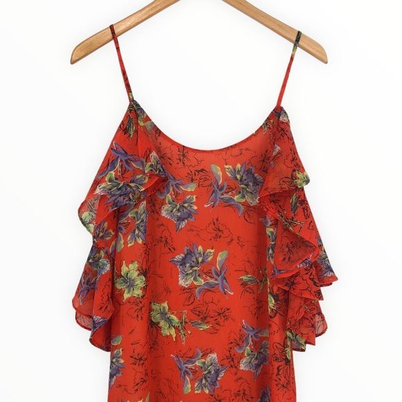 Adelyn Rae Orange Floral Off Shoulder Ruffle Asymmetrical Hem Dress size XS - Picture 3 of 13